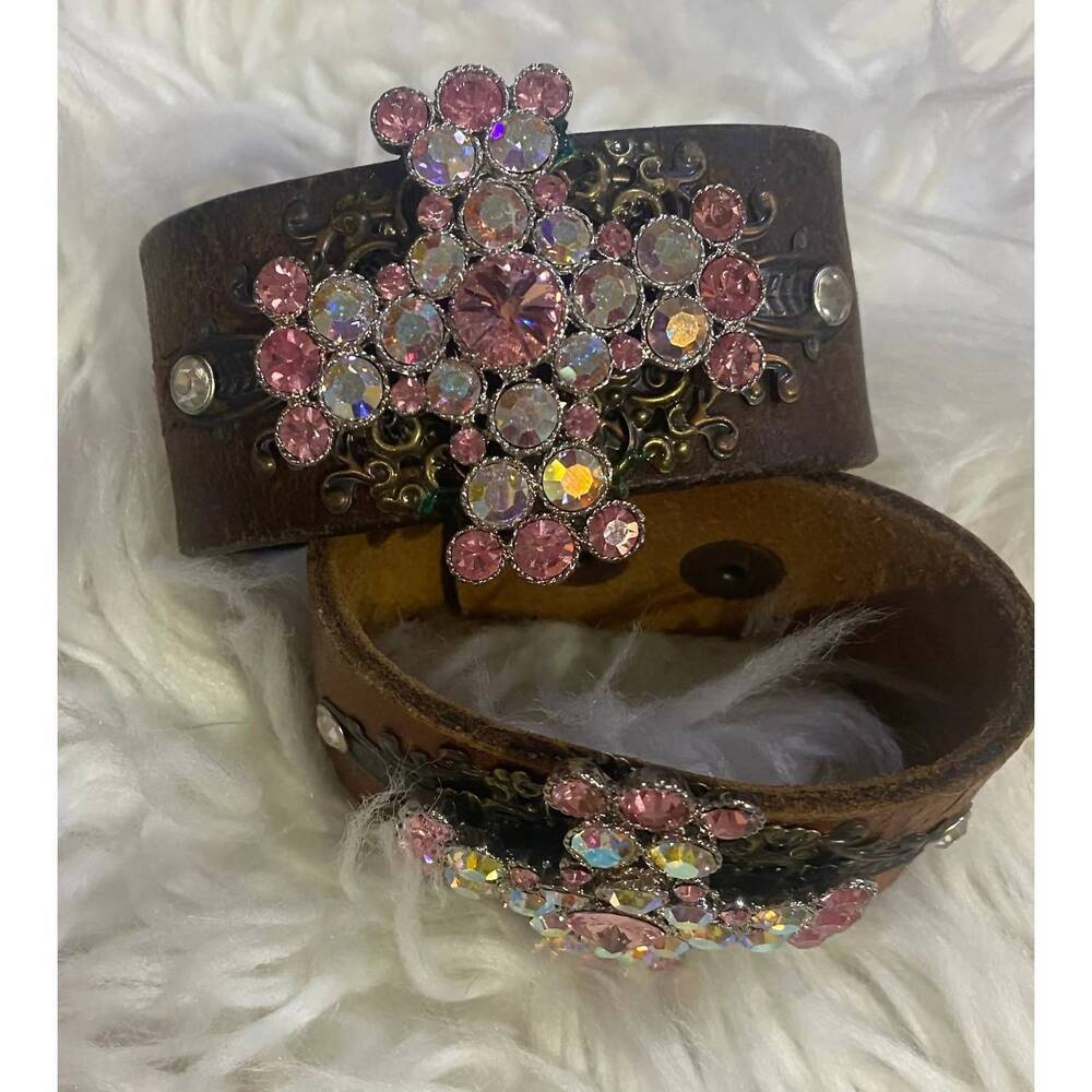 NEW A RARE BIRD women's rhinestone cross leather cuff bracelet in dark brown